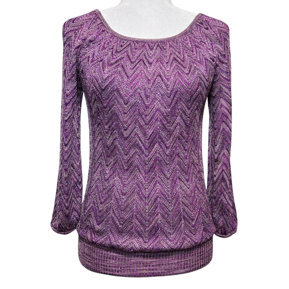 INC Purple Metallic Y2K Chevron Knit Top Womens Petite XS/S Shimmer Party